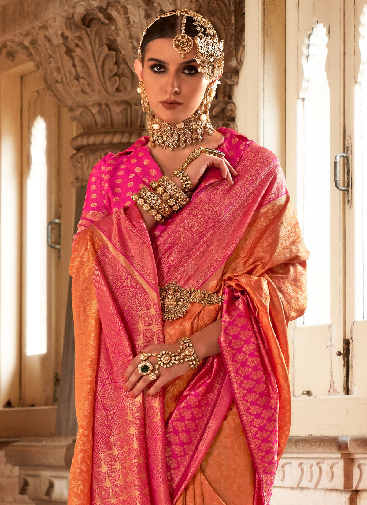Orange And Rose Pink Banarasi Silk Classic Saree With Woven Work