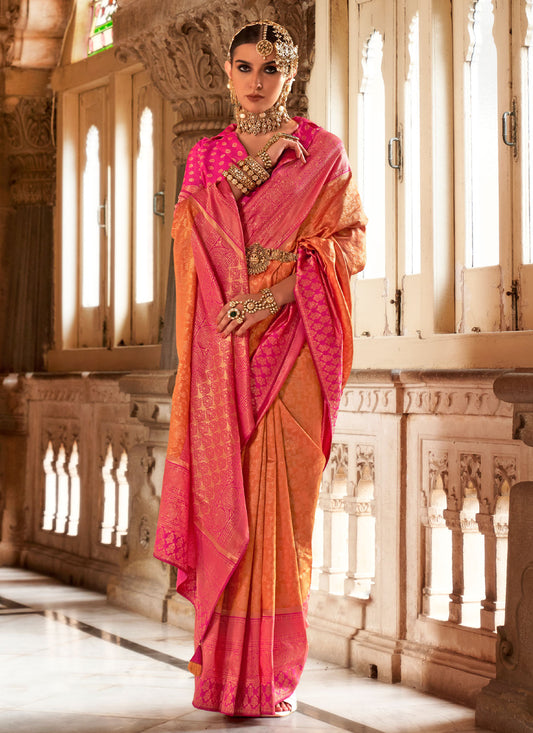 Orange And Rose Pink Banarasi Silk Classic Saree With Woven Work