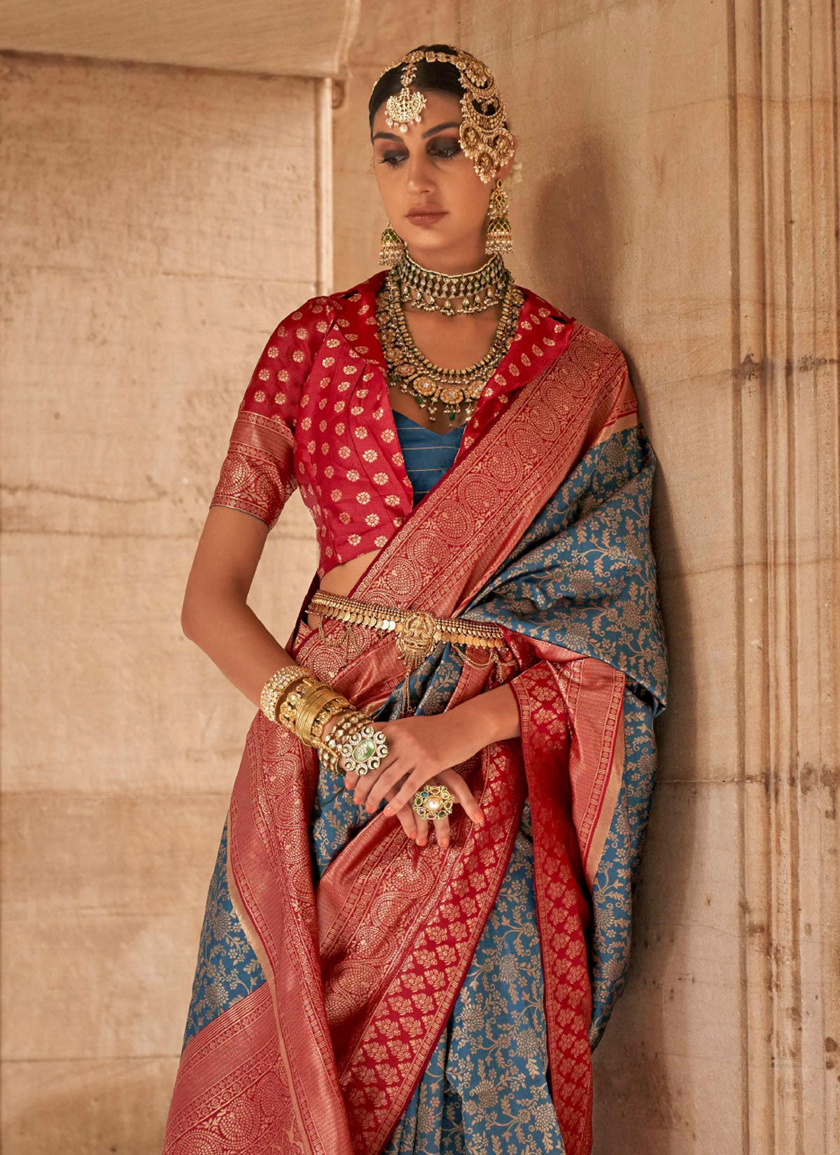 Woven Work Banarasi Silk Traditional Saree In Teal And Red For Women