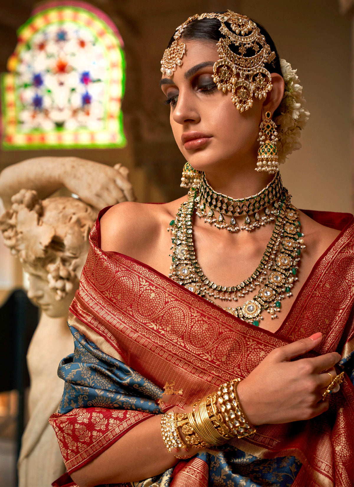 Woven Work Banarasi Silk Traditional Saree In Teal And Red For Women