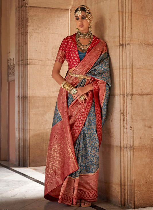 Woven Work Banarasi Silk Traditional Saree In Teal And Red For Women