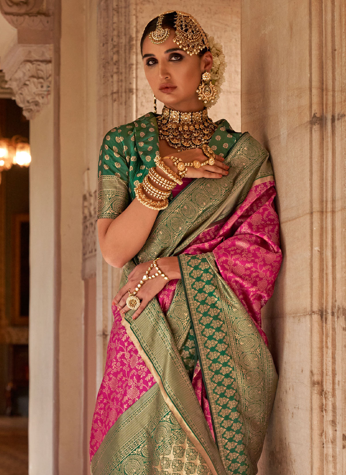 Rose Pink And Green Banarasi Silk Classic Saree With Woven Work
