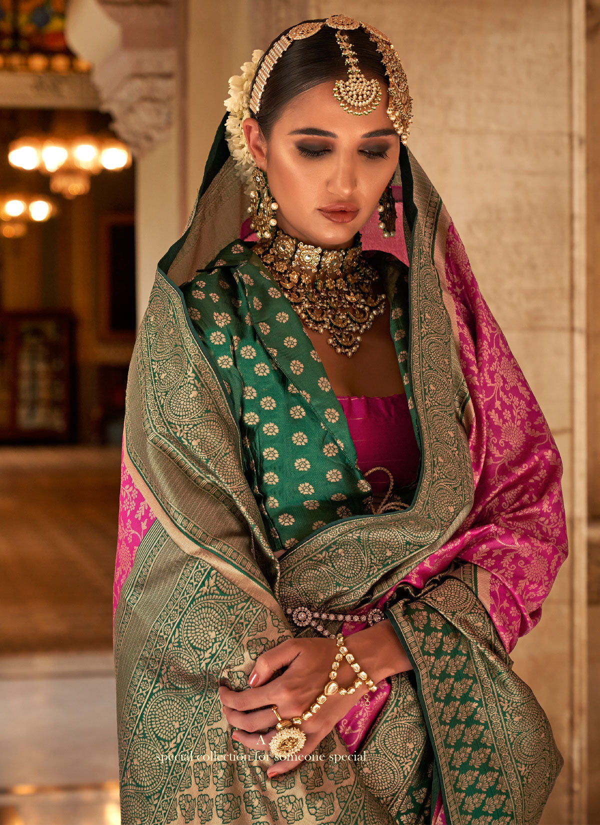 Rose Pink And Green Banarasi Silk Classic Saree With Woven Work