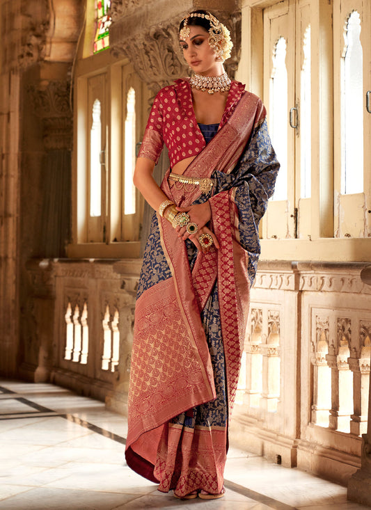 Woven Work Classic Saree For Festival In Navy Blue And Red