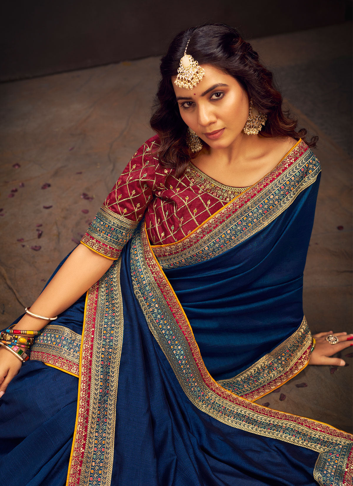 Embroidered Work Vichitra Silk Traditional Saree In Navy Blue