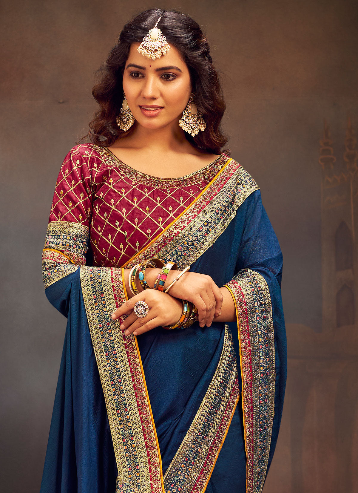 Embroidered Work Vichitra Silk Traditional Saree In Navy Blue