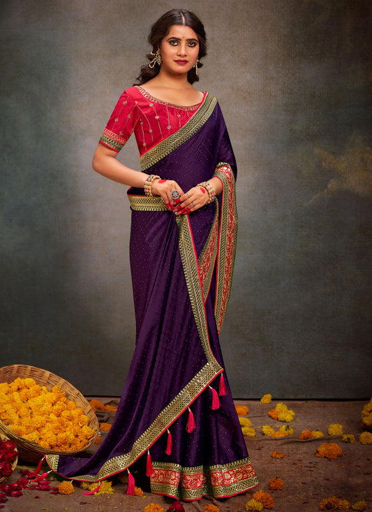 Resham Work Traditional Saree For Ceremonial In Purple