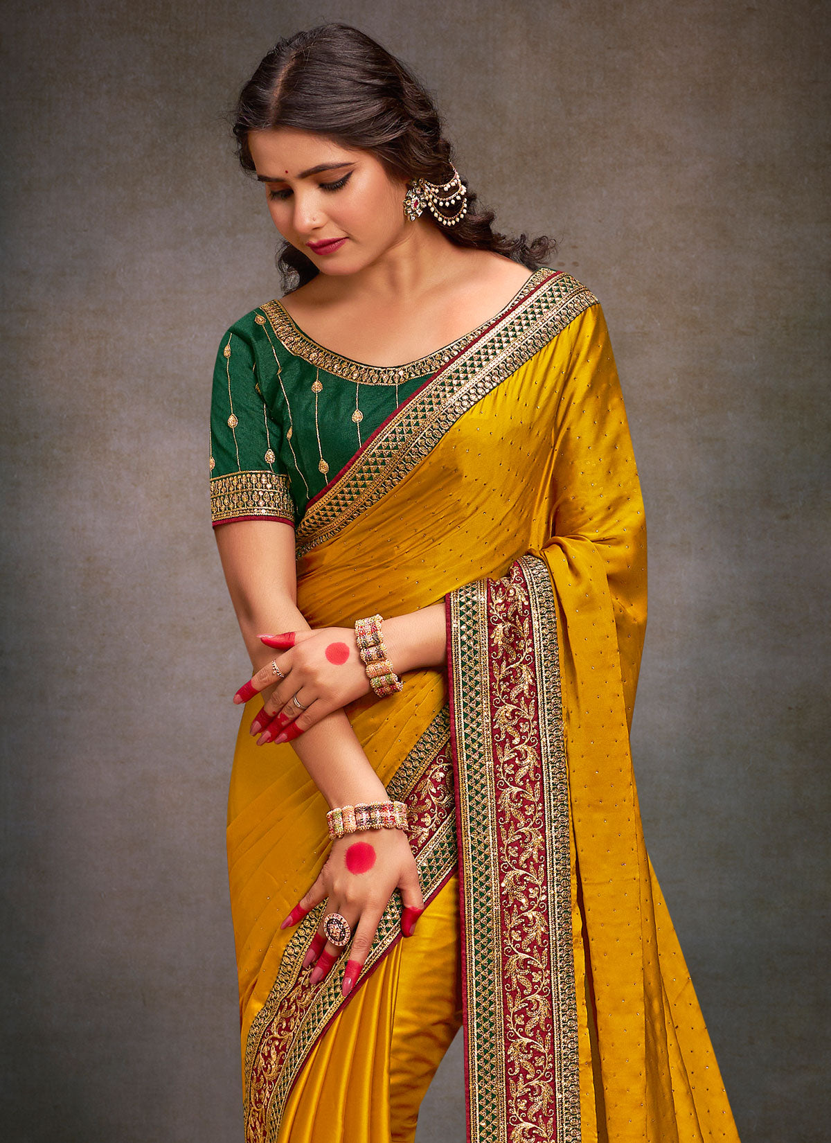 Resham Work Satin Silk Classic Saree In Mustard For Women