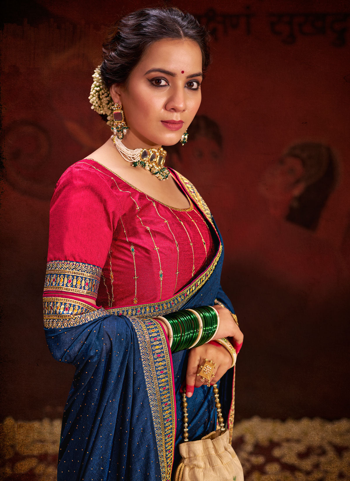 Vichitra Silk Traditional Saree With Resham Work In Navy Blue