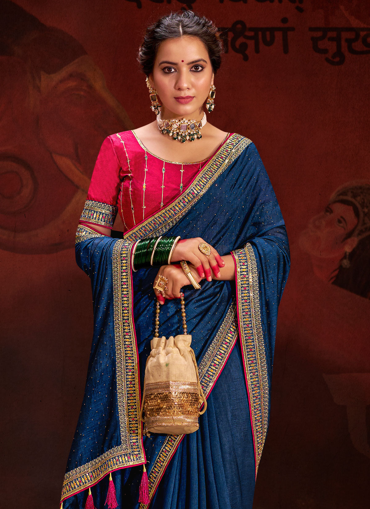 Vichitra Silk Traditional Saree With Resham Work In Navy Blue