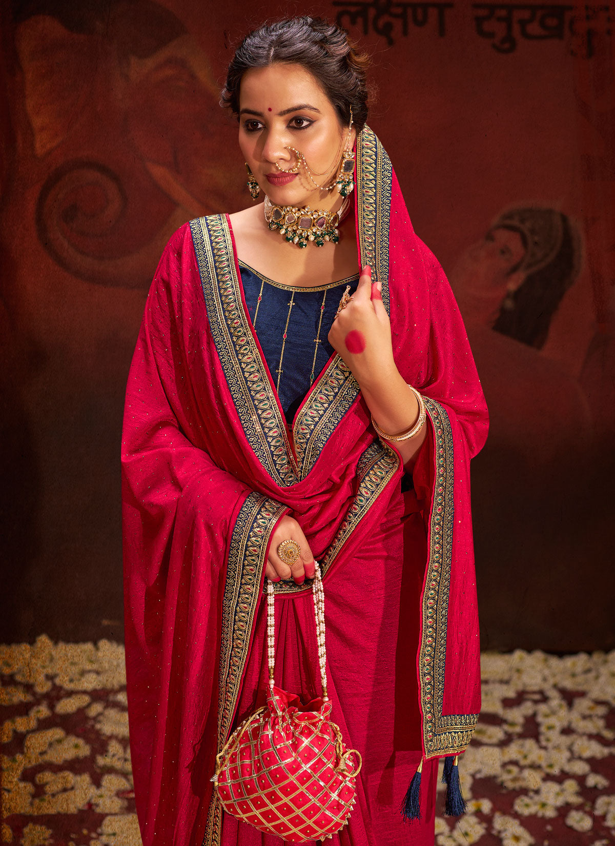 Rose Pink Vichitra Silk Sequins Work Classic Saree For Women