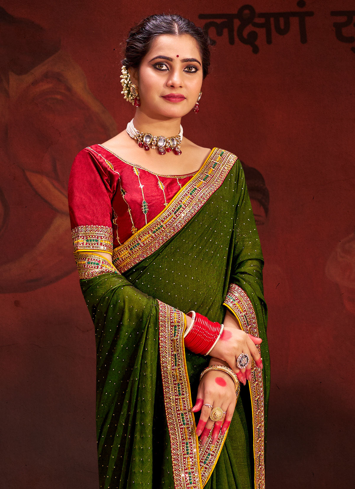 Vichitra Silk Classic Saree In Olive With Resham Work For Ceremonial