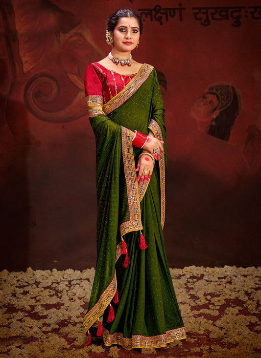 Vichitra Silk Classic Saree In Olive With Resham Work For Ceremonial