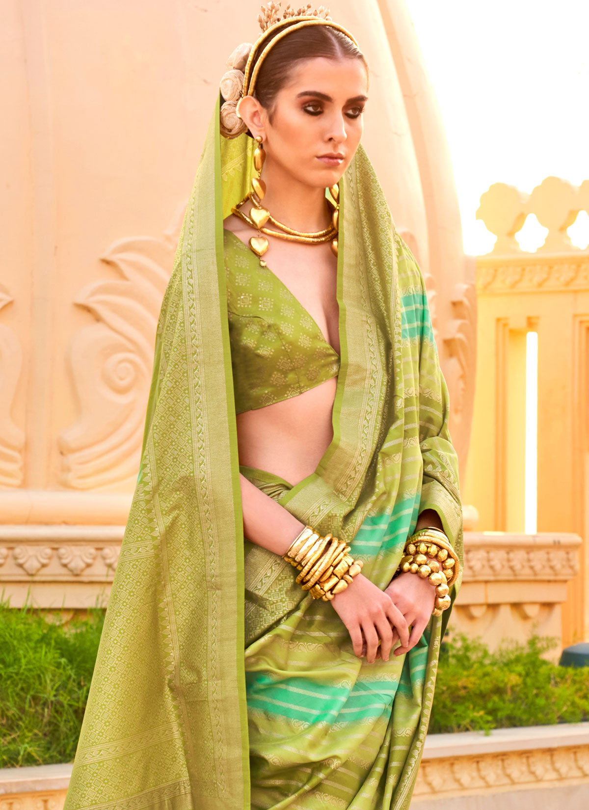 Viscose Silk Traditional Saree In Olive And Turquoise With Print Work