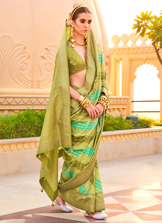 Viscose Silk Traditional Saree In Olive And Turquoise With Print Work