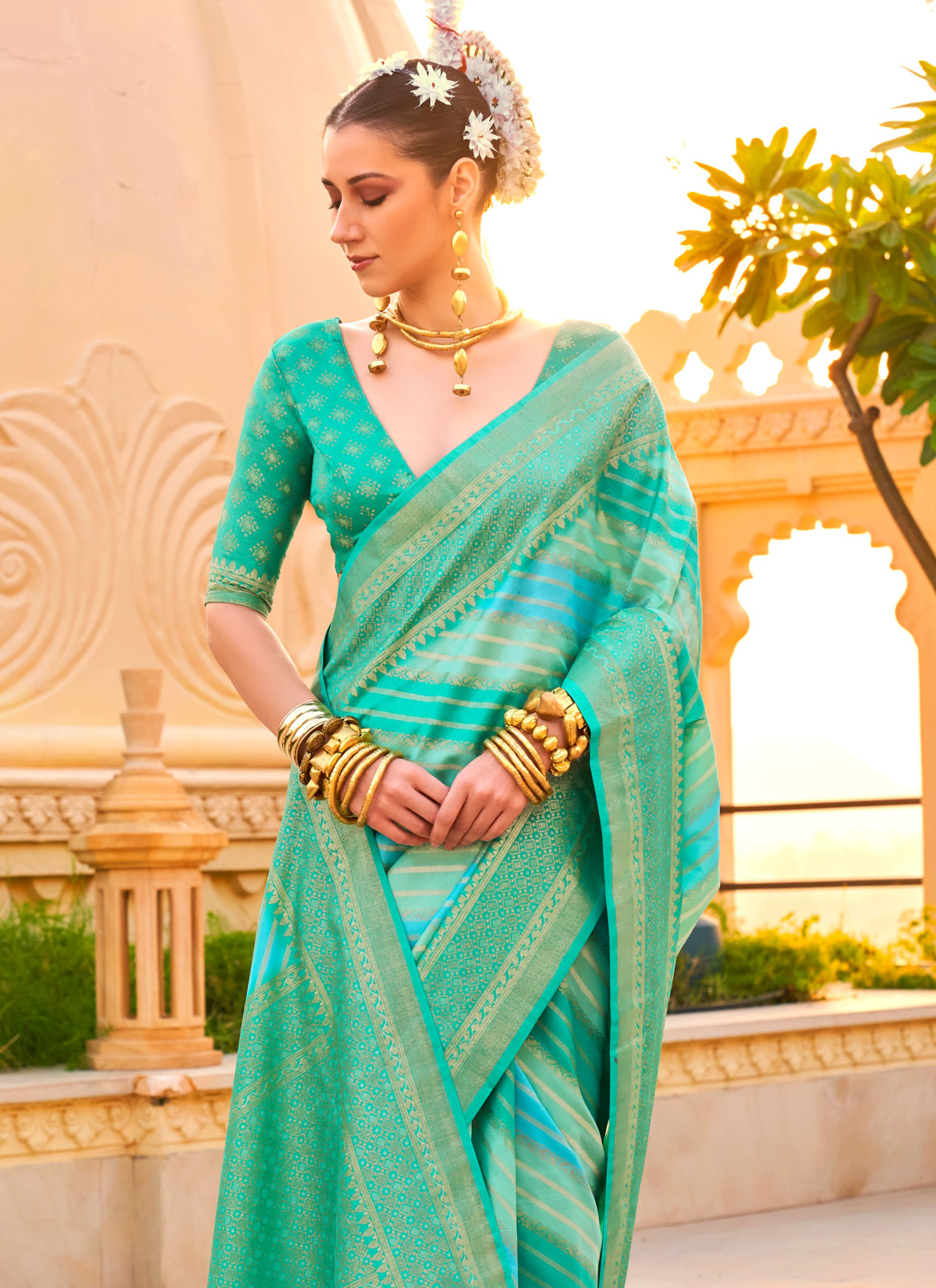 Viscose Silk Traditional Saree With Print Work For Festival In Turquoise