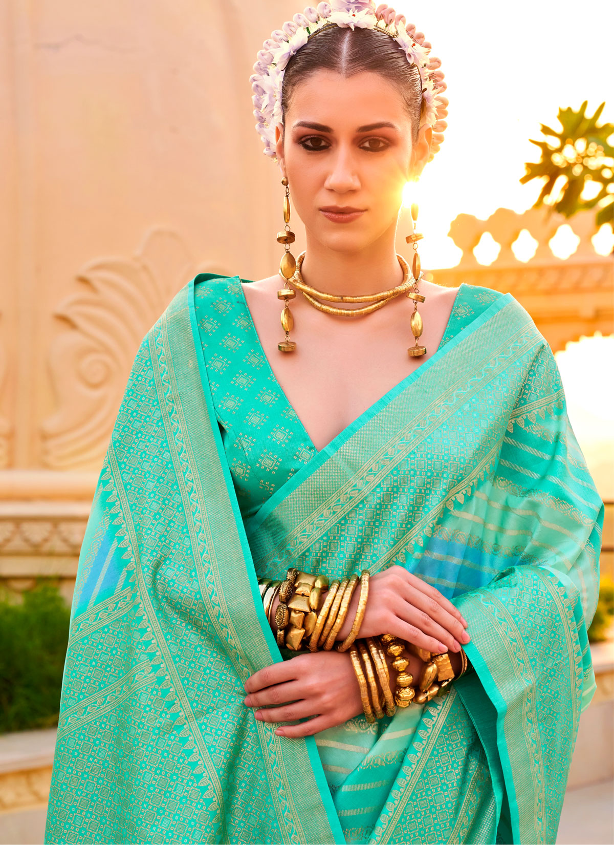 Viscose Silk Traditional Saree With Print Work For Festival In Turquoise