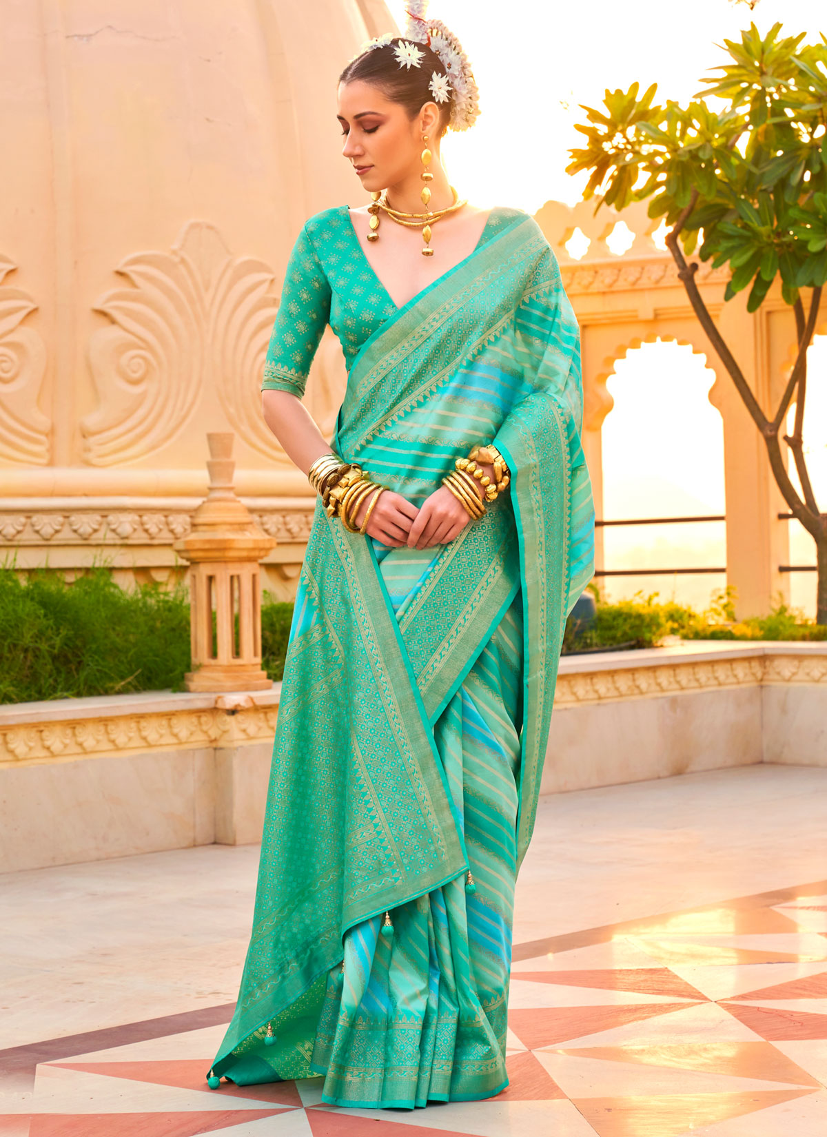 Viscose Silk Traditional Saree With Print Work For Festival In Turquoise