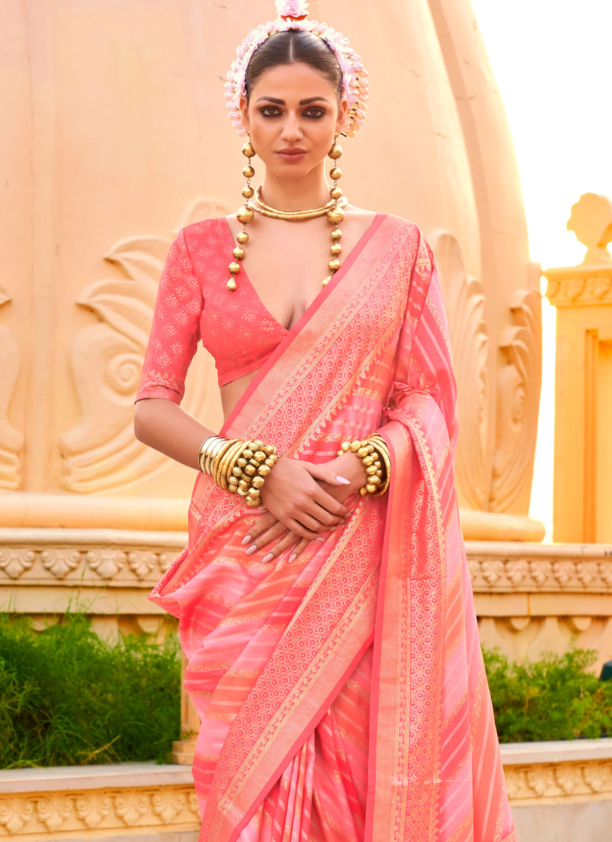 Woven Work Viscose Silk Trendy Saree In Salmon For Women