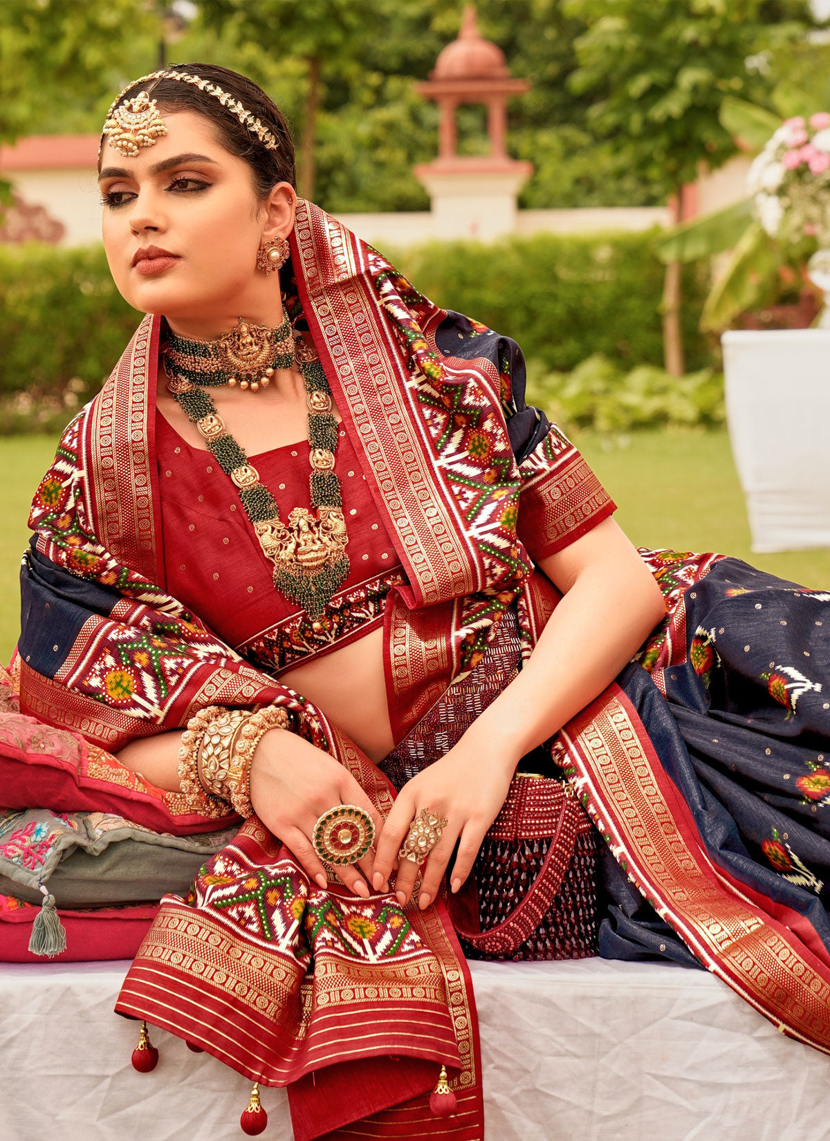 Silk Blend Traditional Saree With Woven Work For Party In Navy Blue