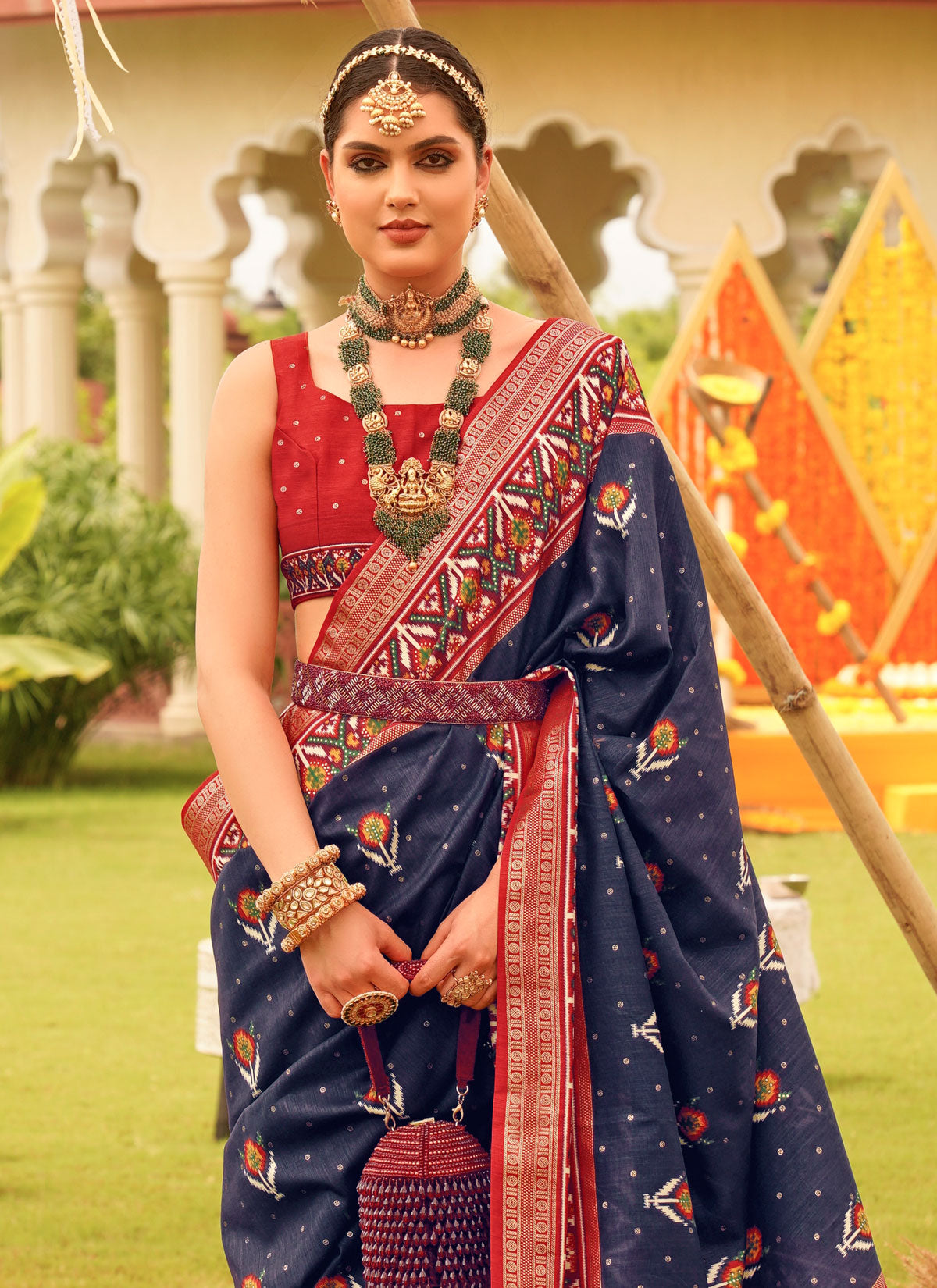 Silk Blend Traditional Saree With Woven Work For Party In Navy Blue