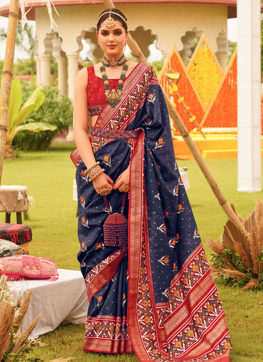 Silk Blend Traditional Saree With Woven Work For Party In Navy Blue