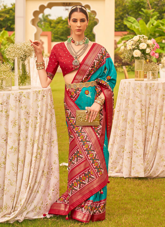 Woven Work Silk Blend Trendy Saree In Turquoise For Women