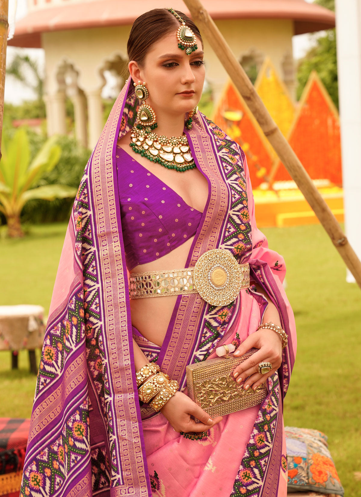 Woven And Print Work Traditional Saree For Ceremonial In Pink