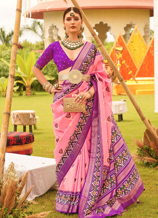 Woven And Print Work Traditional Saree For Ceremonial In Pink