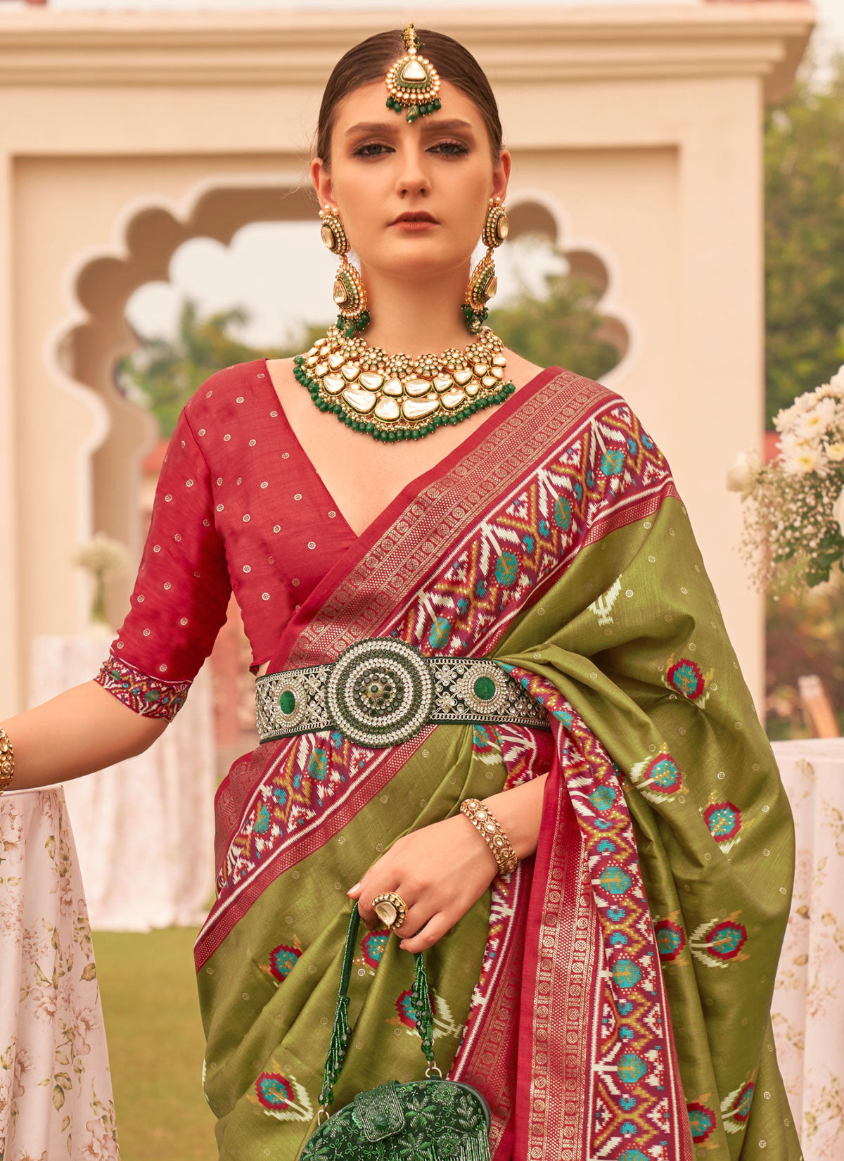 Woven Work Silk Blend Traditional Saree In Olive For Women