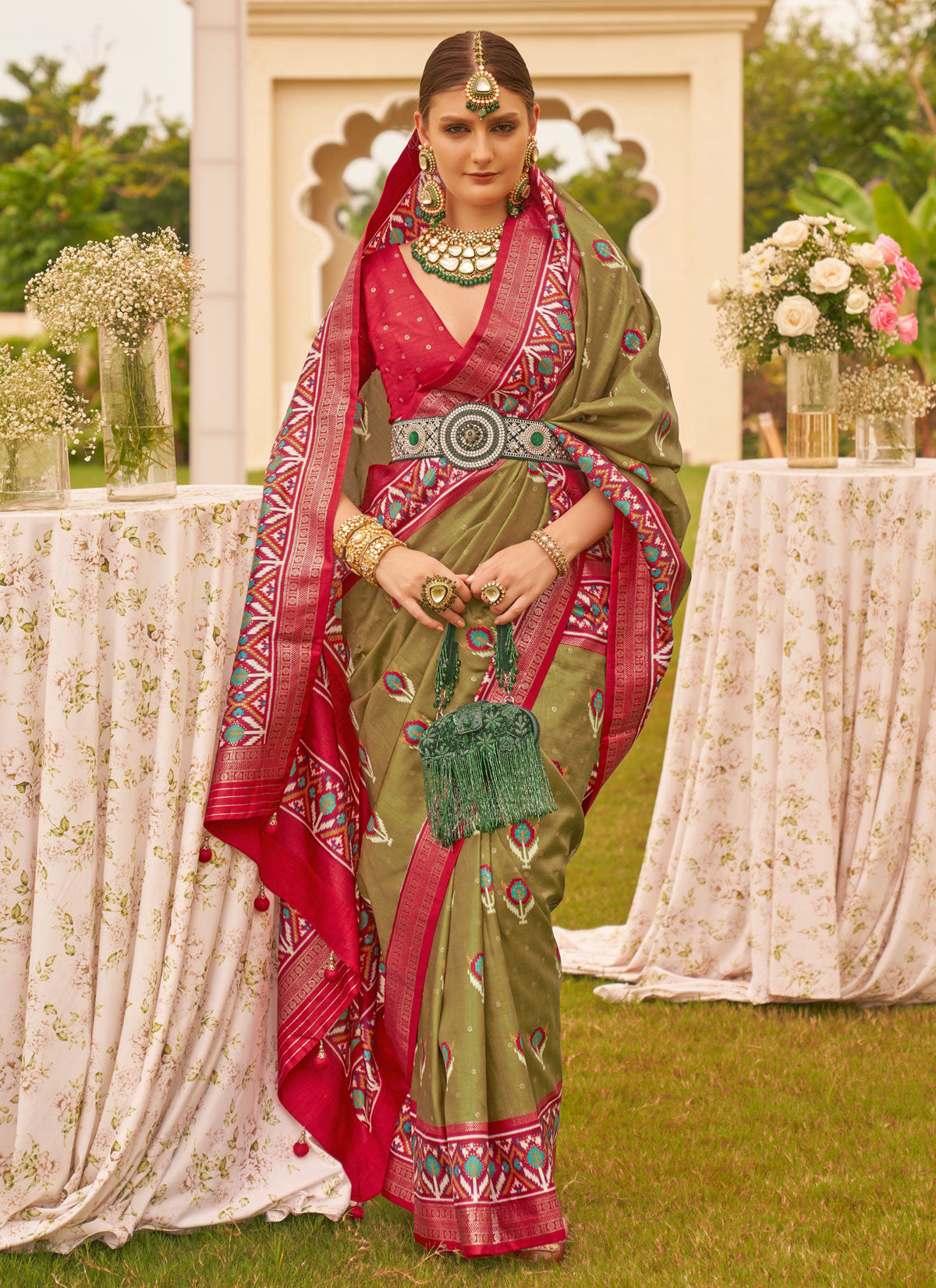 Woven Work Silk Blend Traditional Saree In Olive For Women