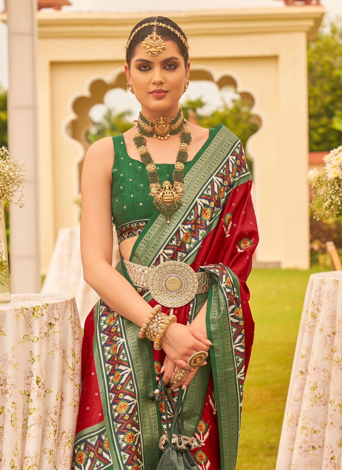 Red Silk Blend Traditional Saree With Woven Work For Ceremonial