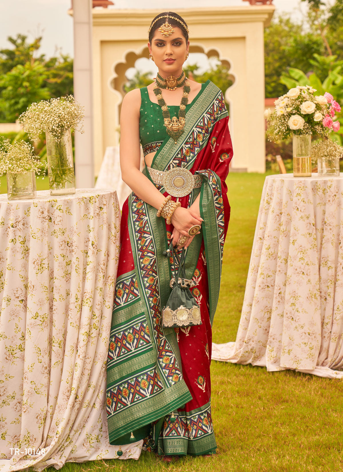 Red Silk Blend Traditional Saree With Woven Work For Ceremonial