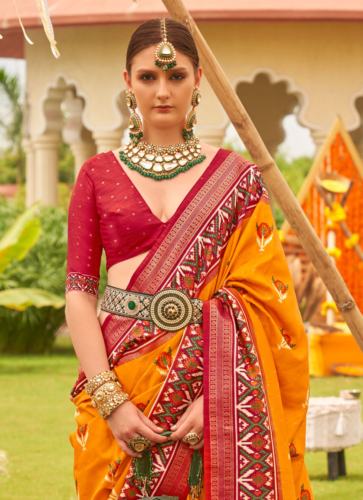 Silk Blend Traditional Saree With Woven And Print Work In Orange