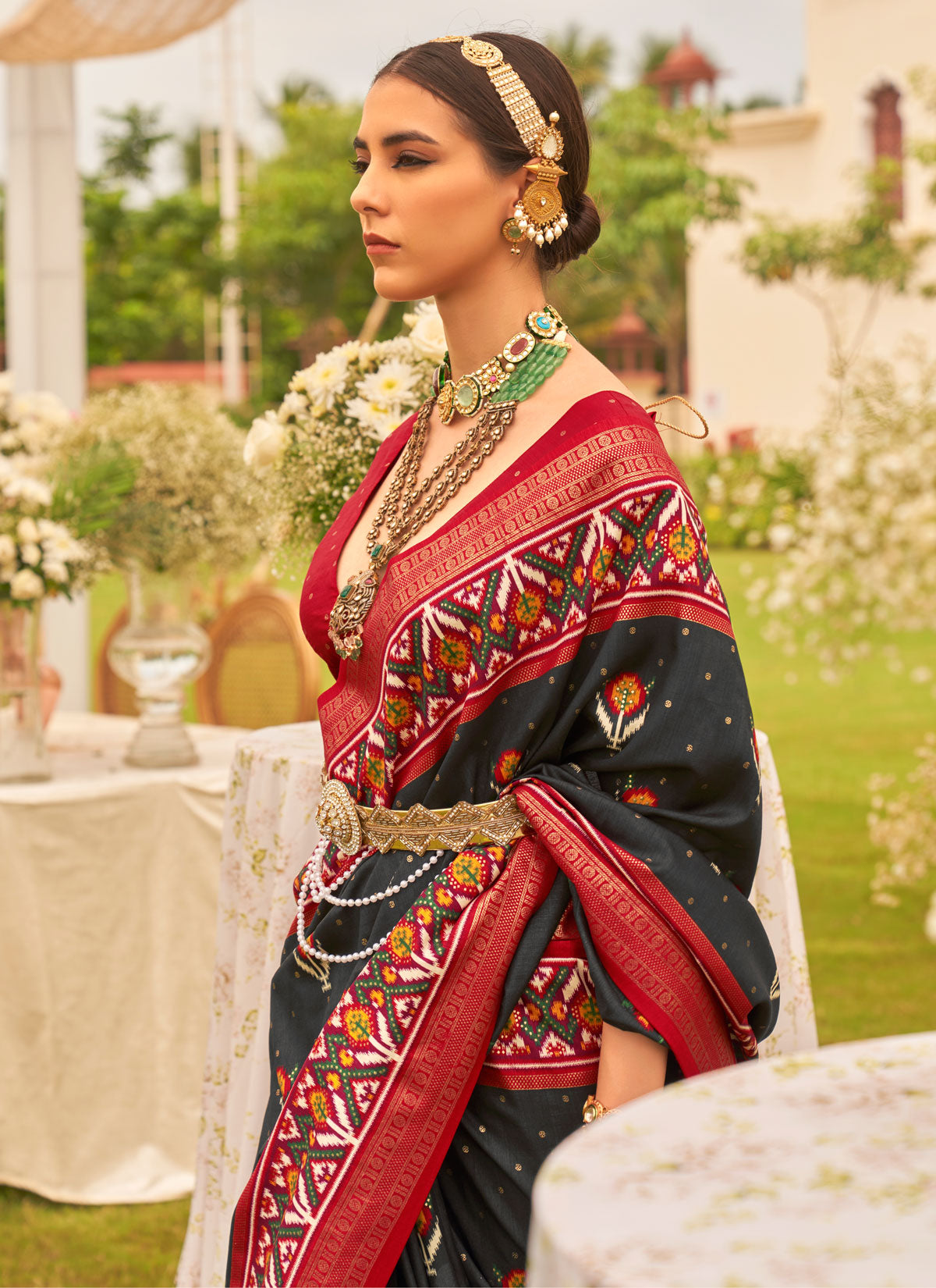 Woven Work Classic Saree For Ceremonial In Black For Women