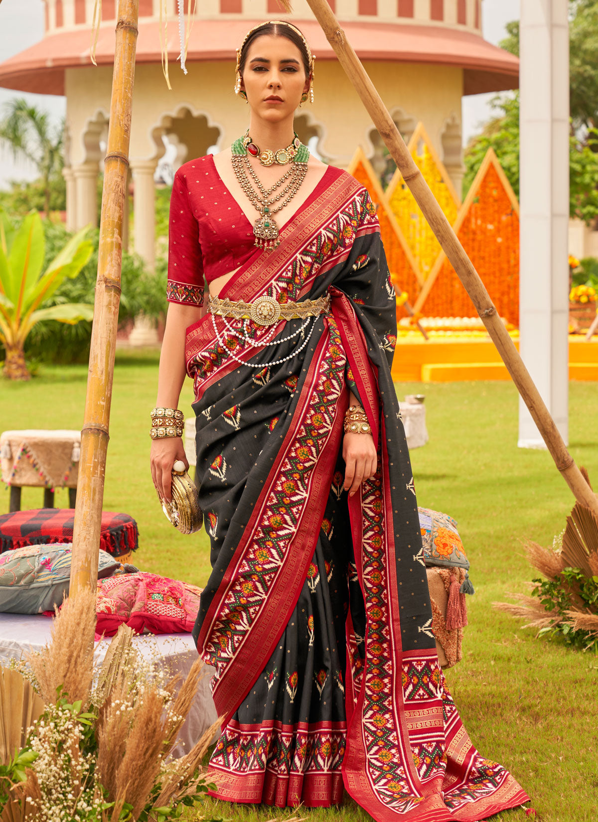 Woven Work Classic Saree For Ceremonial In Black For Women