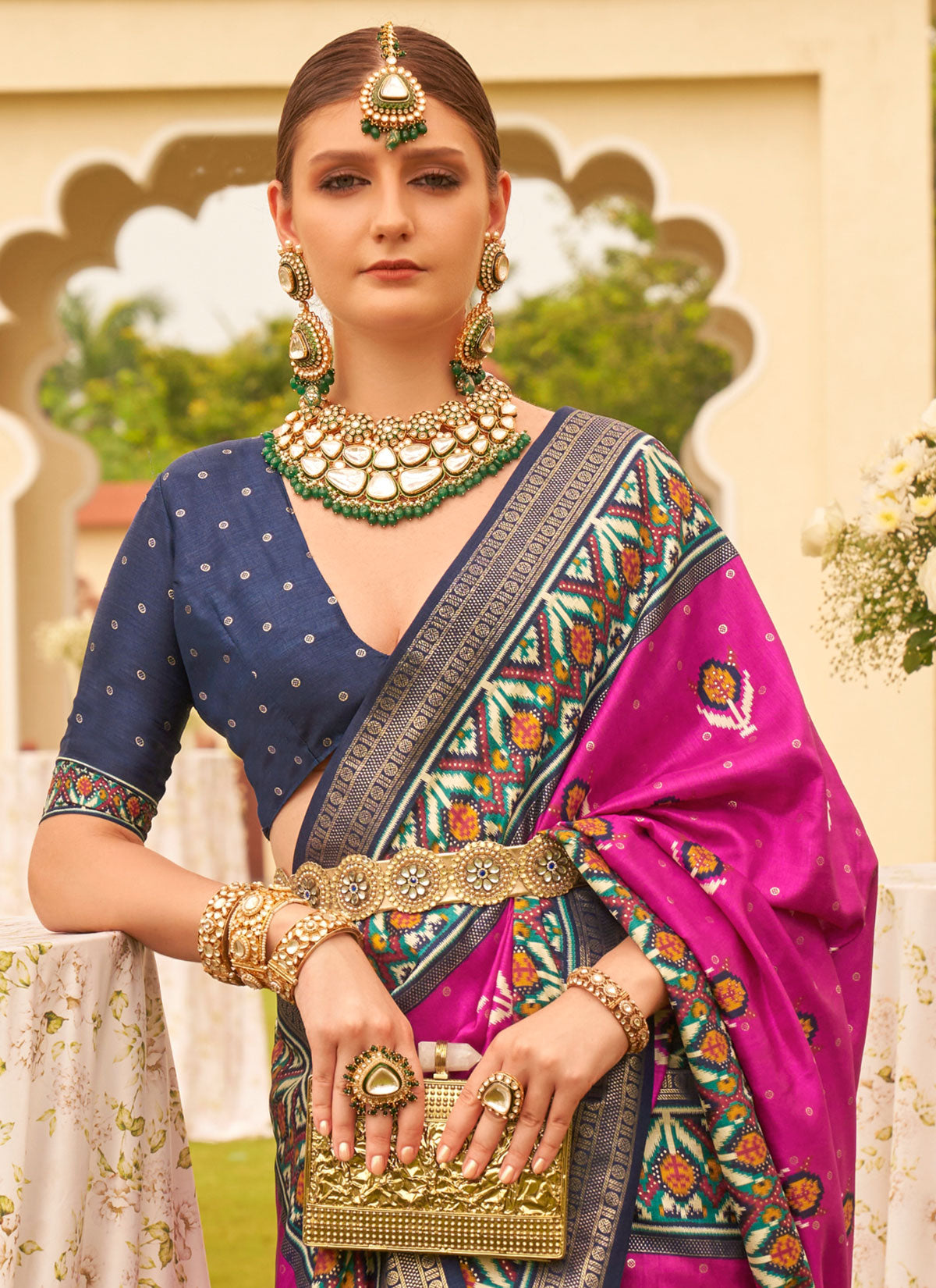 Silk Blend Classic Saree In Rose Pink With Woven Work For Women