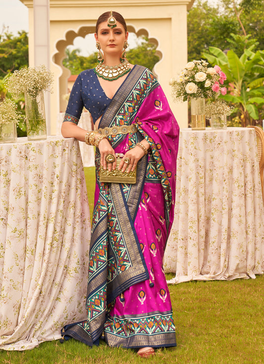Silk Blend Classic Saree In Rose Pink With Woven Work For Women