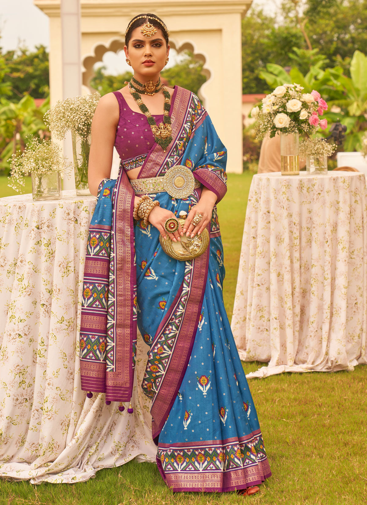 Silk Blend Traditional Saree With Woven Work For Women In Blue