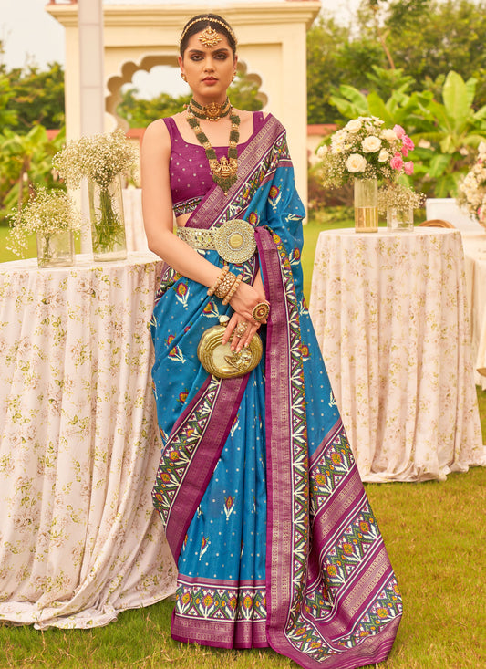 Silk Blend Traditional Saree With Woven Work For Women In Blue