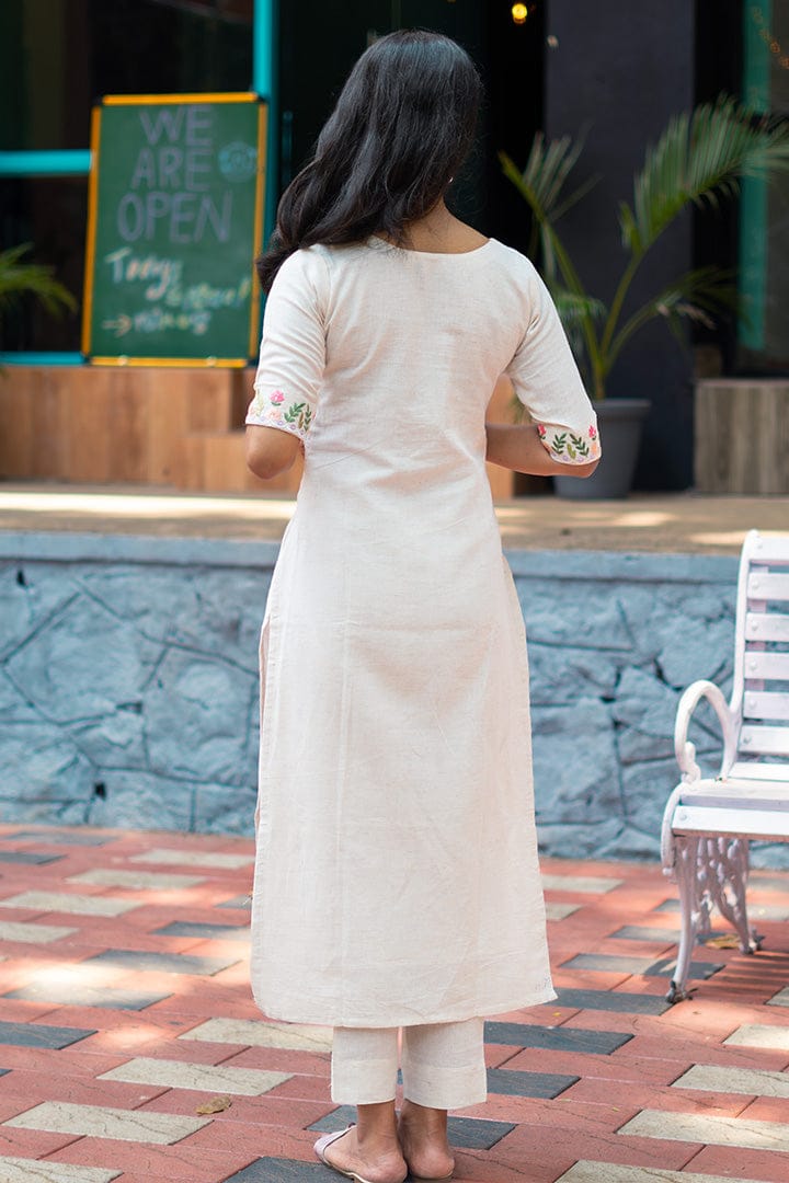 Women's Cotton White Floral Straight Kurta with Palazzo