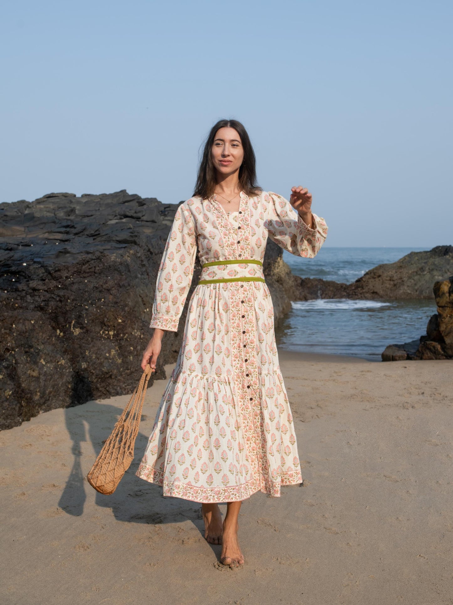 Hand Block Printed Summer Holiday Festive Dress Floral Organic Cotton Ethical Sustainable Bohemian Sundress Women Long Maxi Dress Plus Size