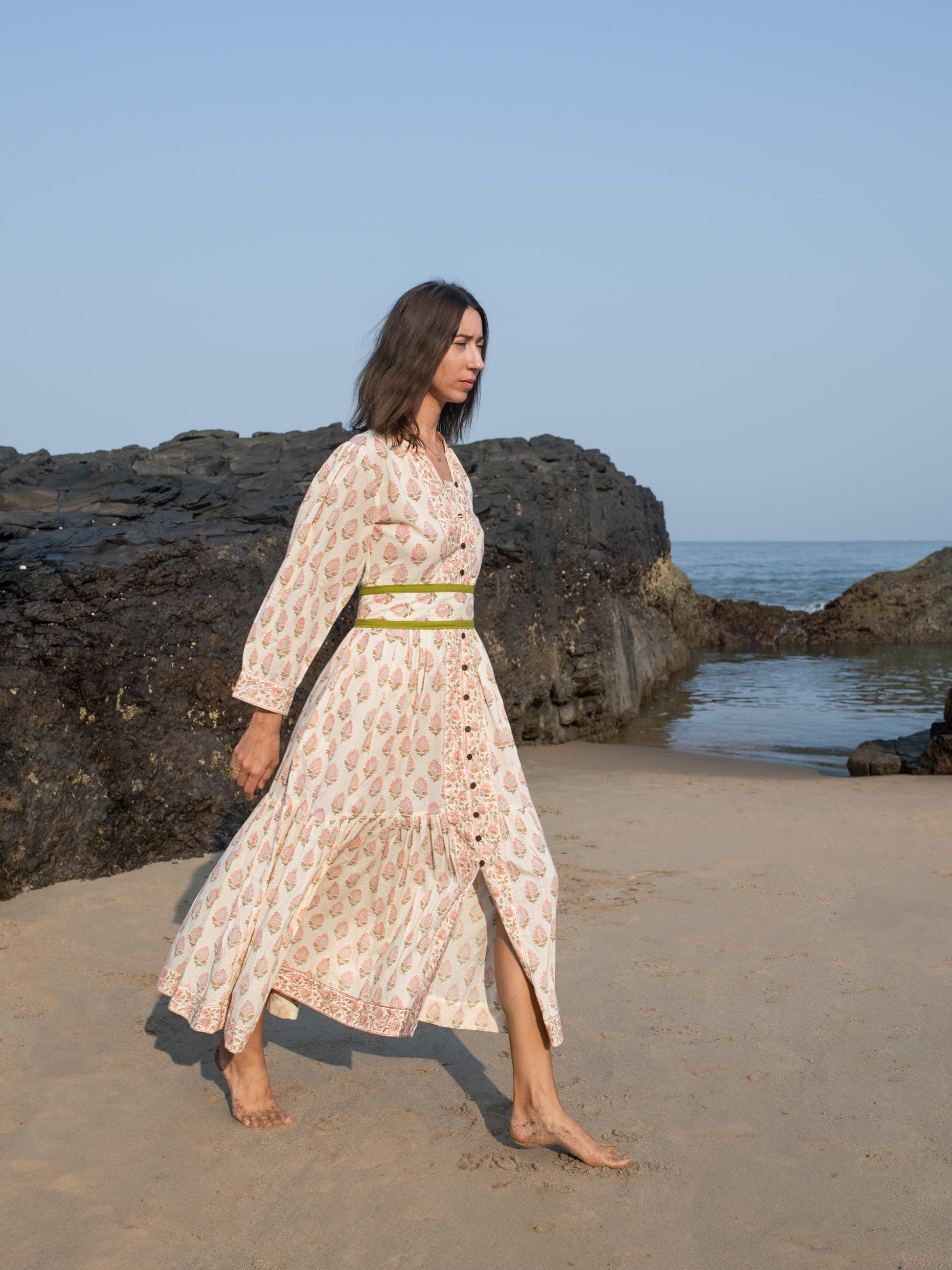 Hand Block Printed Summer Holiday Festive Dress Floral Organic Cotton Ethical Sustainable Bohemian Sundress Women Long Maxi Dress Plus Size