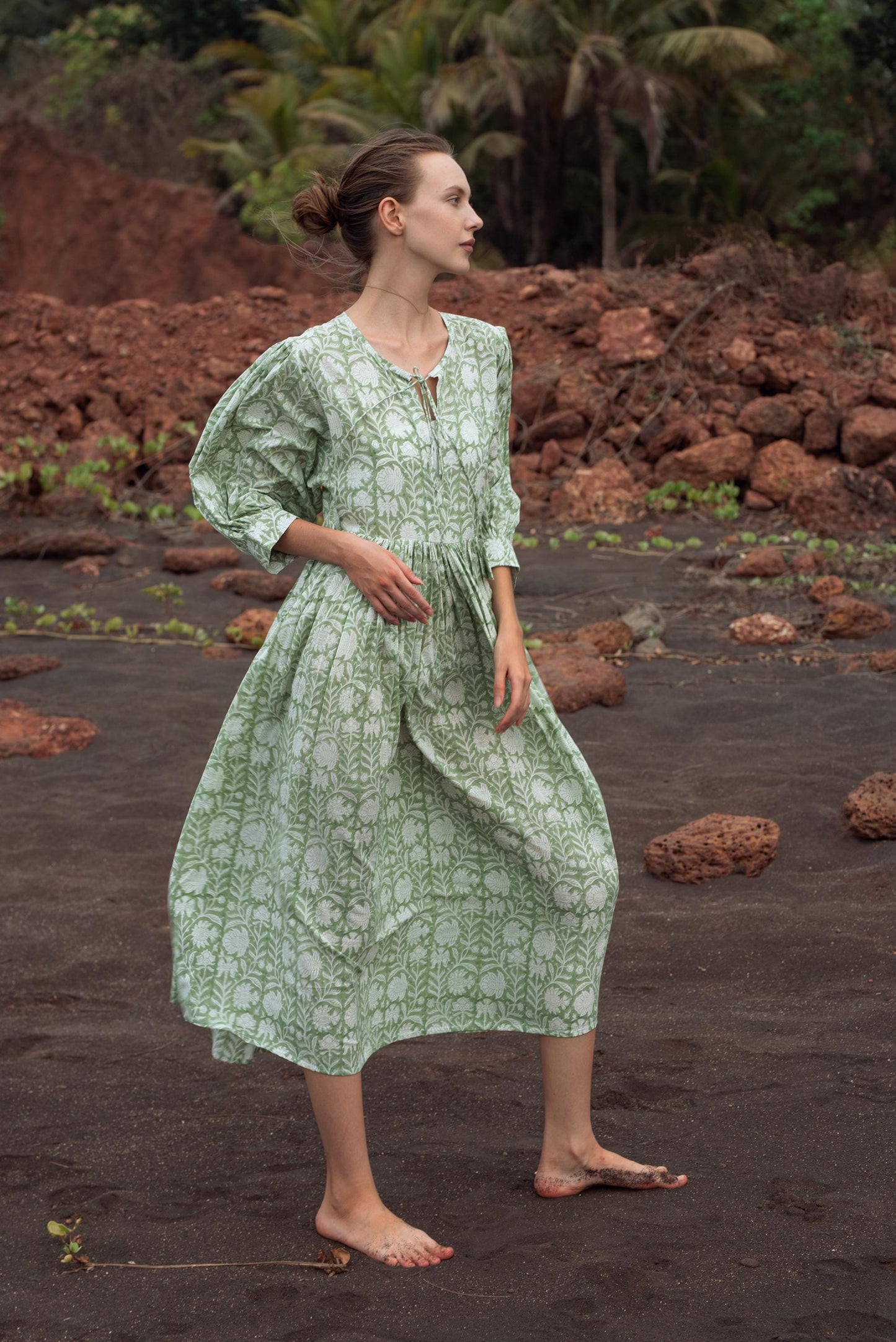 Sage Green Block Printed Summer Holiday Festive Dress Floral Cotton Bohemian Sundress Women Long Maxi Midi Women Dress Gift For Loved Wife