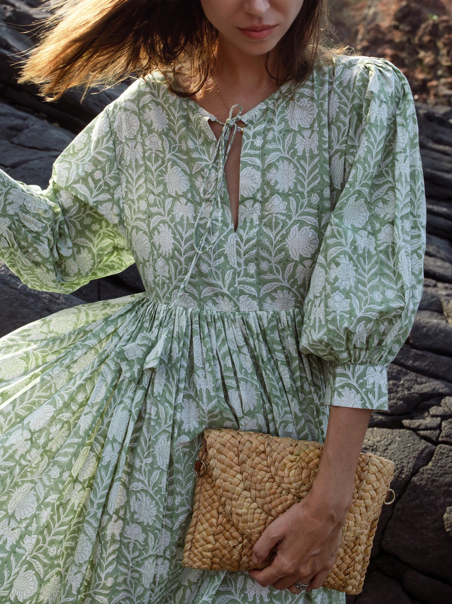 Sage Green Block Printed Summer Holiday Festive Dress Floral Cotton Bohemian Sundress Women Long Maxi Midi Women Dress Gift For Loved Wife