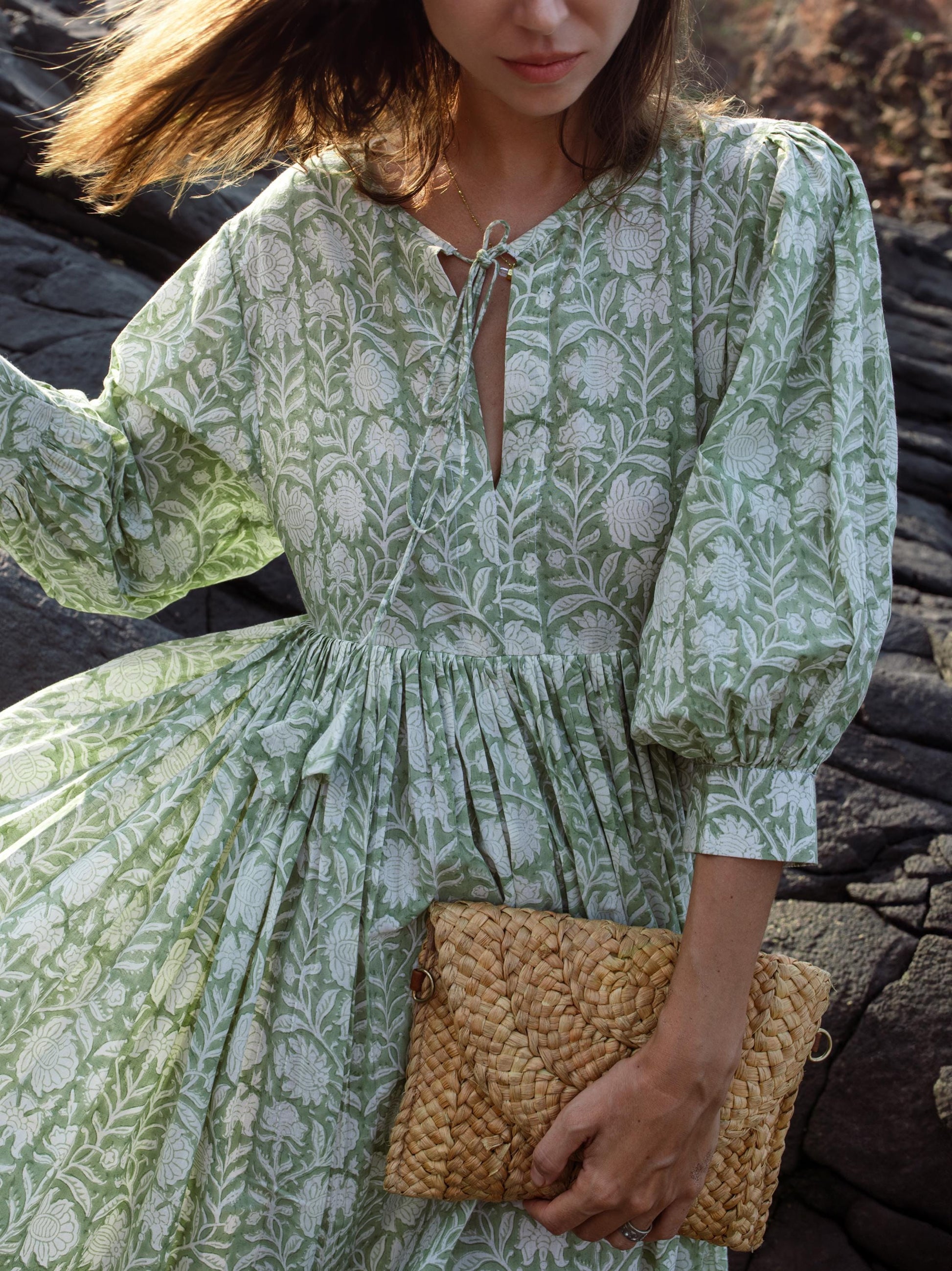 Sage Green Block Printed Summer Holiday Festive Dress Floral Cotton Bohemian Sundress Women Long Maxi Midi Women Dress Gift For Loved Wife