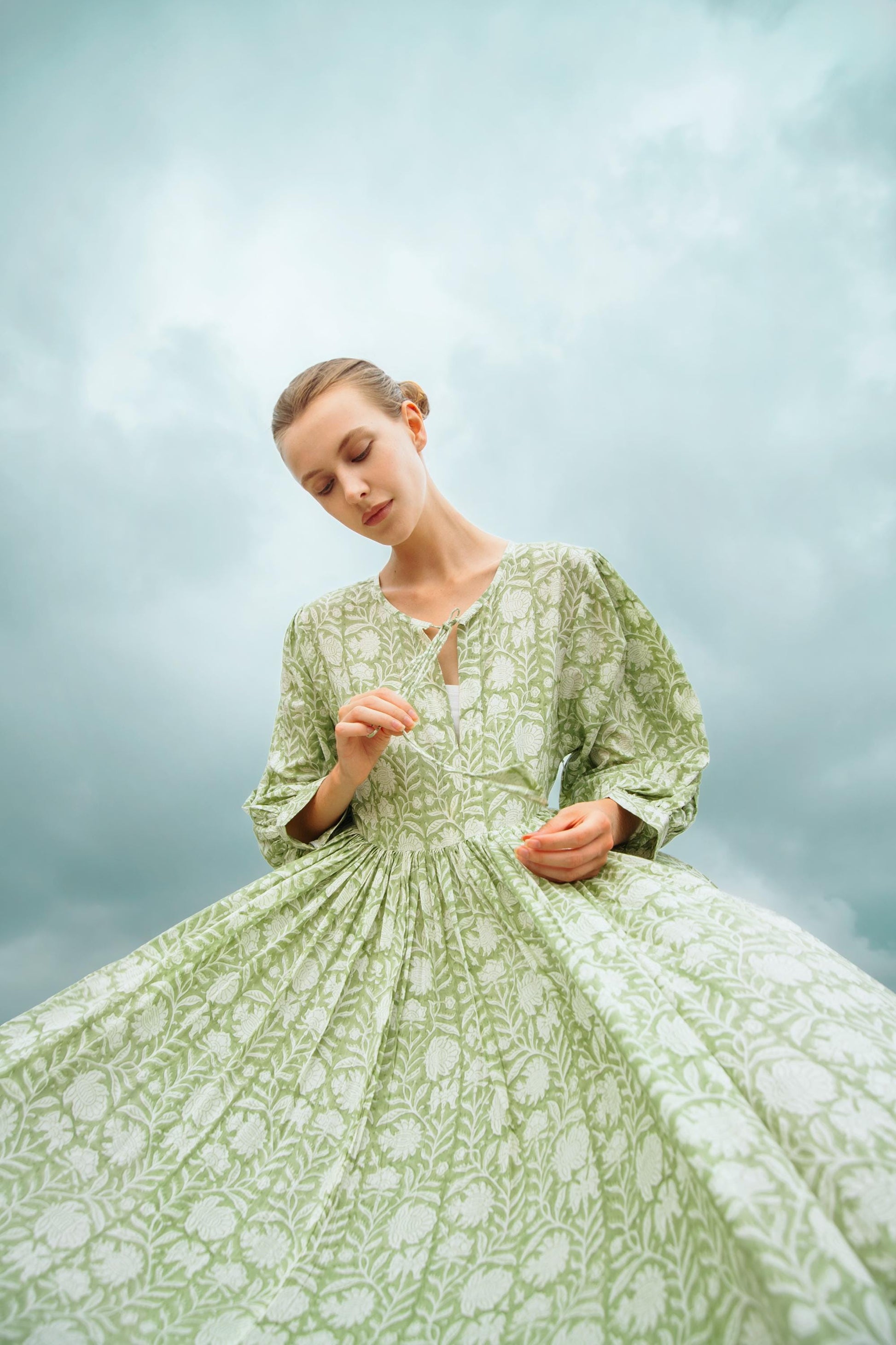 Sage Green Block Printed Summer Holiday Festive Dress Floral Cotton Bohemian Sundress Women Long Maxi Midi Women Dress Gift For Loved Wife