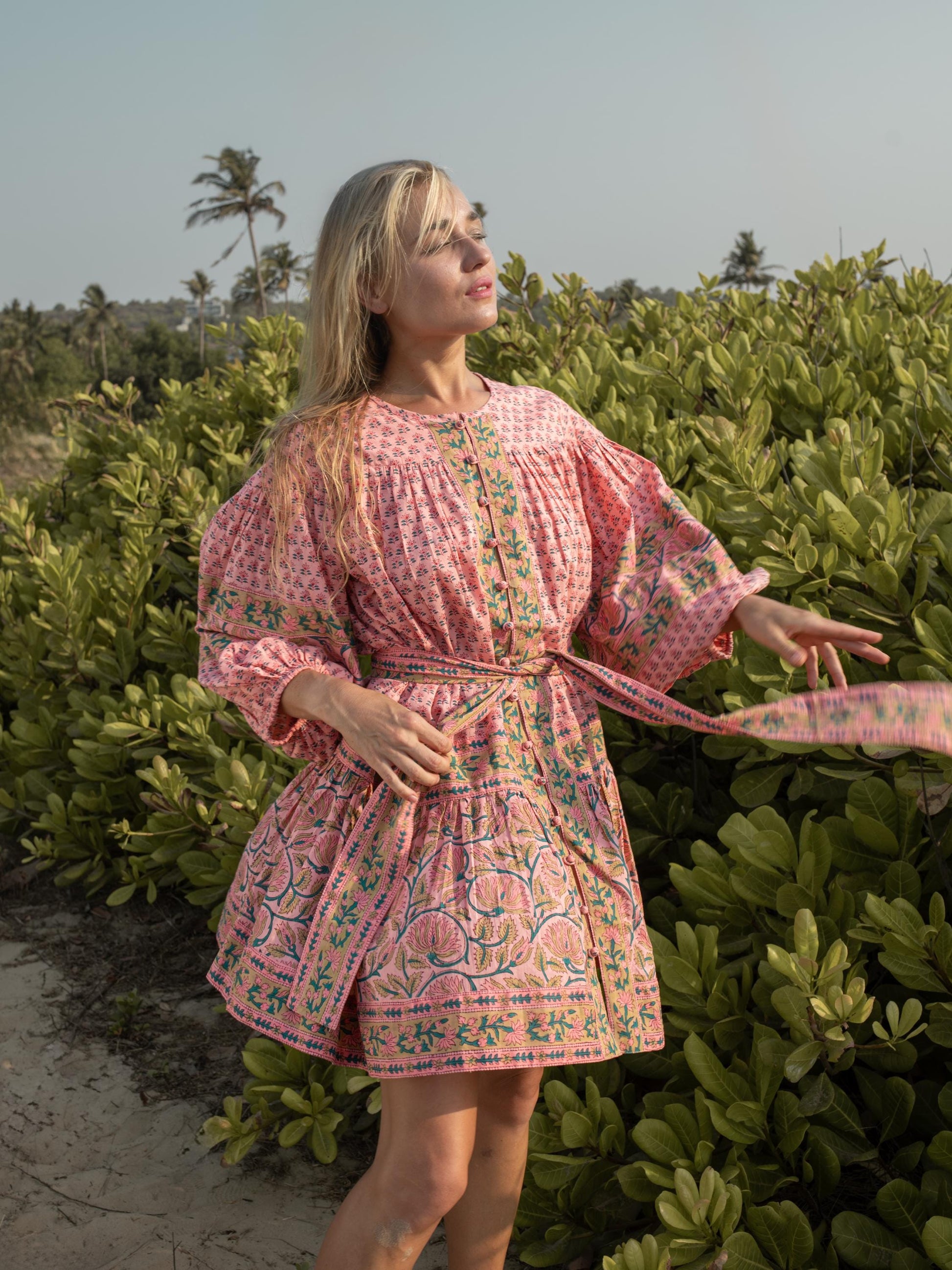 Pink Green Floral Hand Block Print Mini Midi Dress | Boho Cotton Dress | Summer Beach Dresses for Women | Button Belt Closer Custom Dress