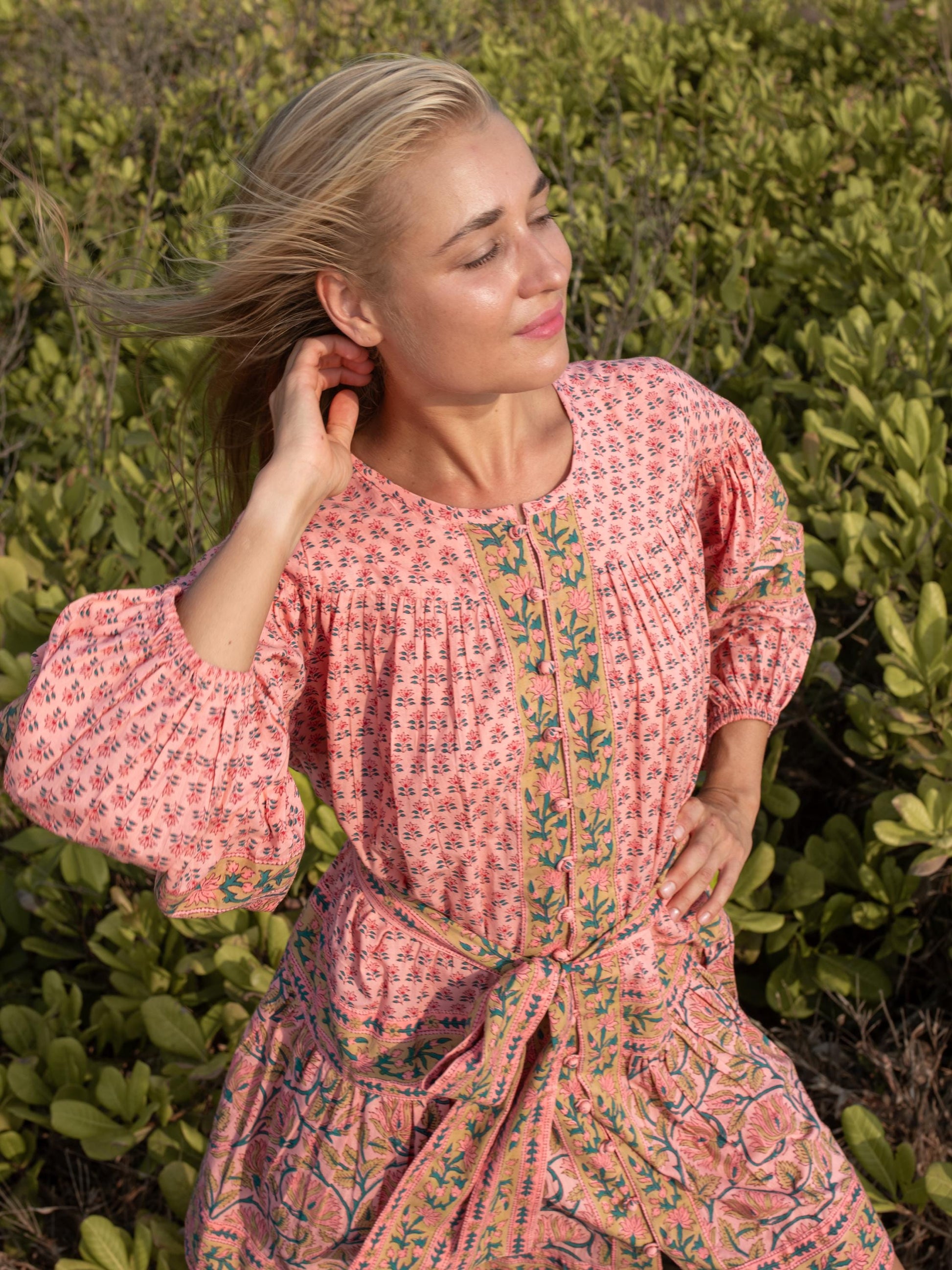 Pink Green Floral Hand Block Print Mini Midi Dress | Boho Cotton Dress | Summer Beach Dresses for Women | Button Belt Closer Custom Dress