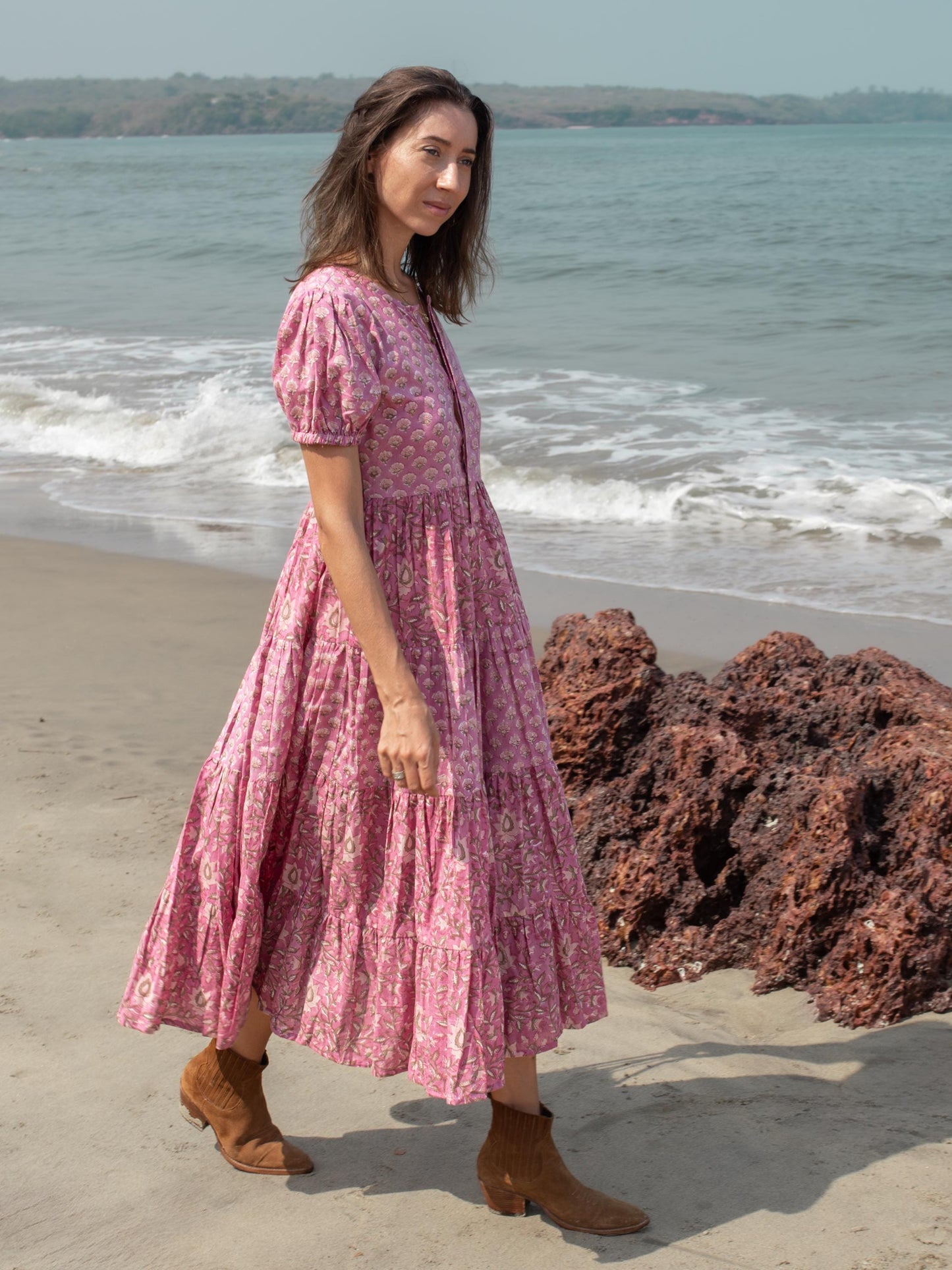 Pink Purple Block print dress, Women dress, Cotton dress Summer Dress, floral boho Beach dress, Vacation Bohemian Long Maxi Button Dress